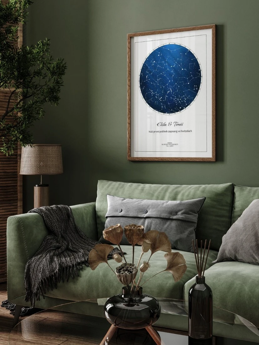 Originální hvězdná mapa v den svatby v podobě plakátu obsahujícího souhvězdí a datum této události.