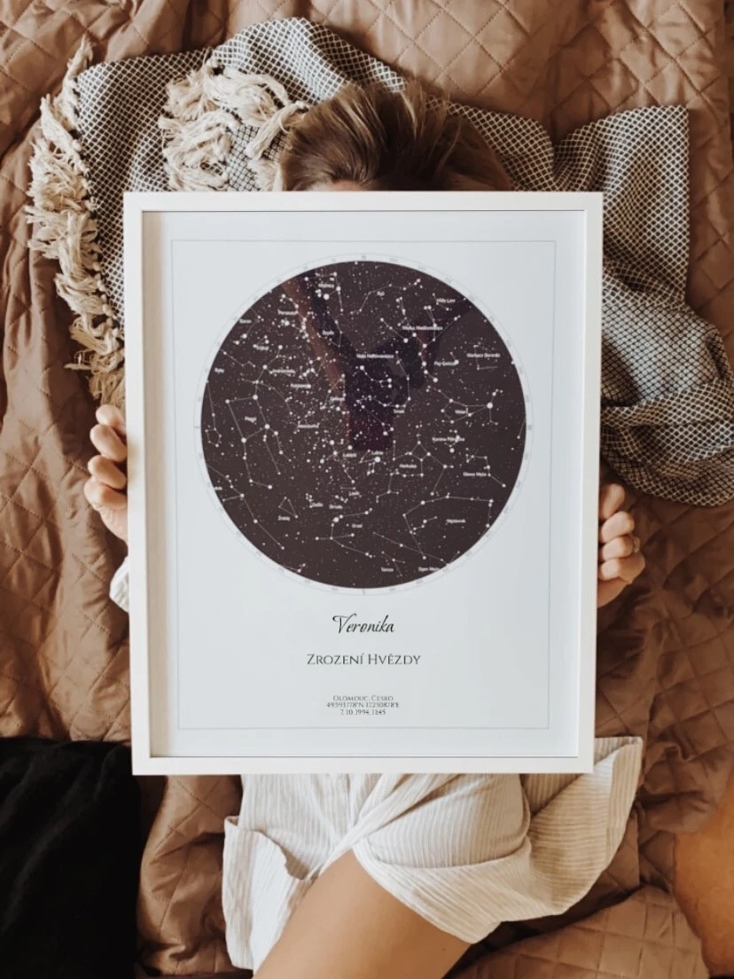 Mapa nebe jako personalizovaný plakát s postavením hvězd jako dárek pro pár.