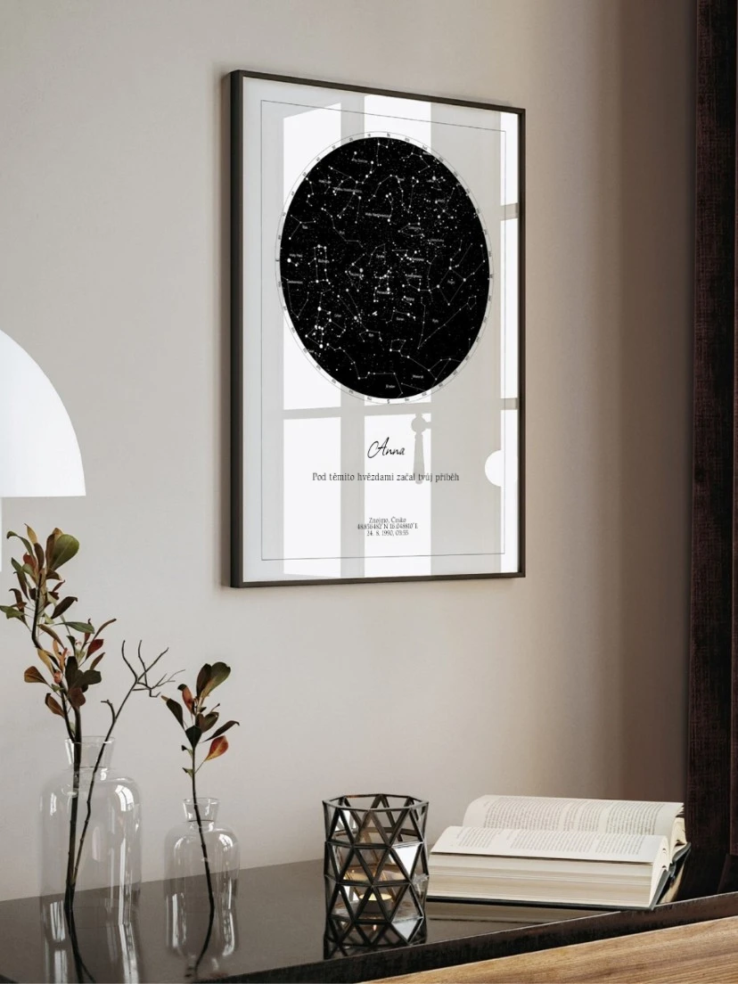 Hvězdná mapa představující souhvězdí z daného dne, která mají pro tento pár význam.