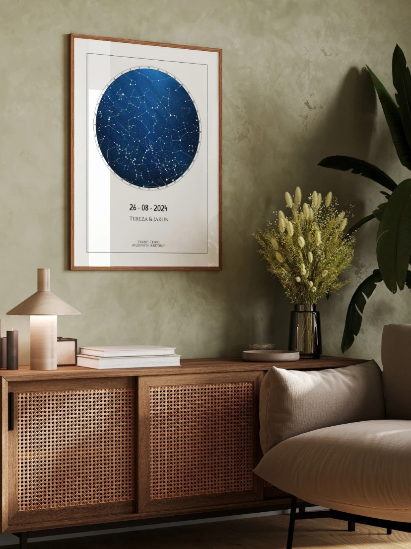 Postavení hvězd v daný den narozenin na plakátu o rozměru 40 na 50 cm.