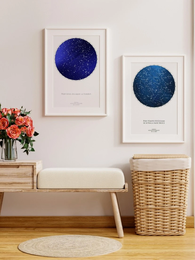 Hvězdná mapa jako dárek k výročí svatby s personalizovanou mapou nebe v den svatby.