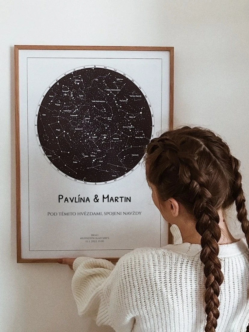 Žena držící velký personalizovaný plakát s hvězdami a datem narození oslavence.